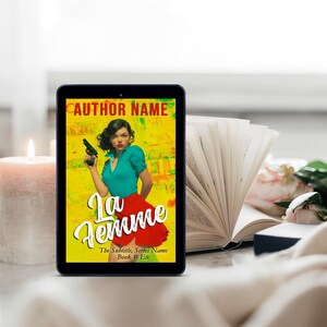 Portada de libro prediseñada con colores vibrantes, mujer fatal con pistola, estilo pop art vintage dramático (descarga digital en blanco) imagen 9
