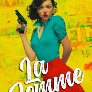 Portada de libro prediseñada con colores vibrantes, mujer fatal con pistola, estilo pop art vintage dramático (descarga digital en blanco) imagen 11
