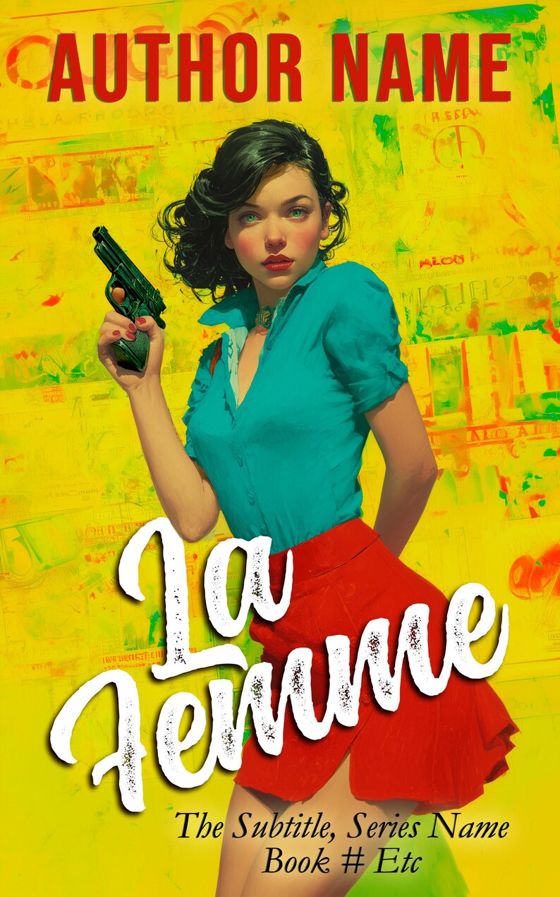 Portada de libro prediseñada con colores vibrantes, mujer fatal con pistola, estilo pop art vintage dramático (descarga digital en blanco) imagen 11