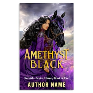 May include: Book cover featuring a woman in a purple dress with long black hair, leaning against a black horse with purple accents. The title "AMETHYST BLACK" is in gold lettering, with the author's name at the bottom.