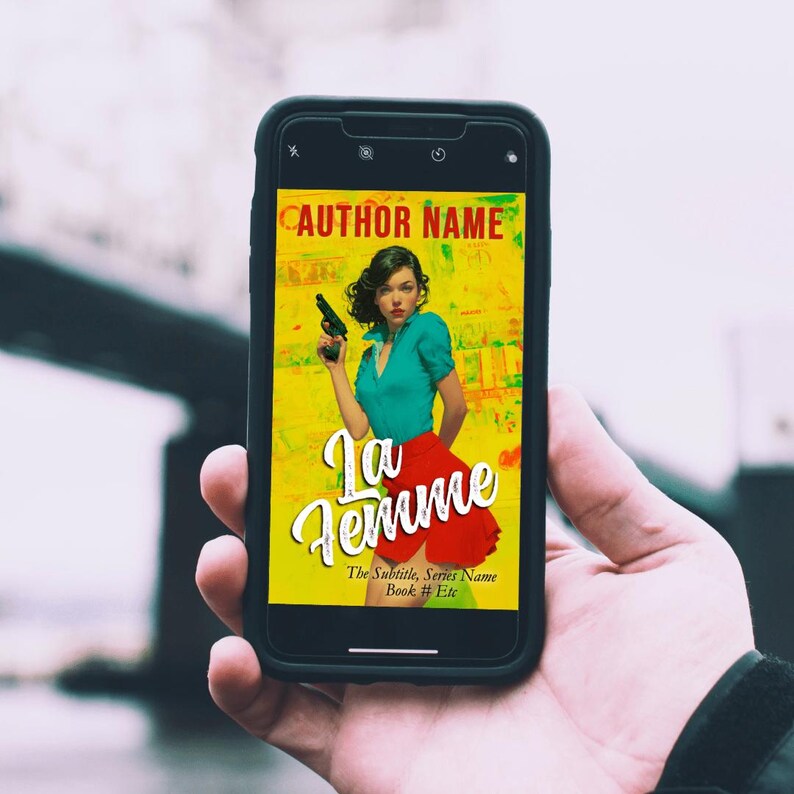 Portada de libro prediseñada con colores vibrantes, mujer fatal con pistola, estilo pop art vintage dramático (descarga digital en blanco) imagen 8