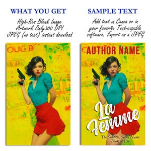Portada de libro prediseñada con colores vibrantes, mujer fatal con pistola, estilo pop art vintage dramático (descarga digital en blanco) imagen 2