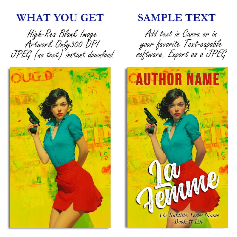 Portada de libro prediseñada con colores vibrantes, mujer fatal con pistola, estilo pop art vintage dramático (descarga digital en blanco) imagen 2