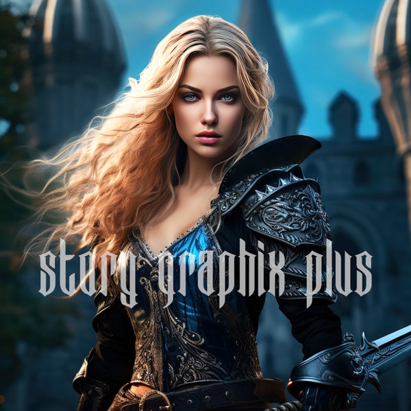 Kindle Vella Book Covers Serialized Story Series Indie Author Self Publishing Fairtale Retelling Blond Female Knight Warrior in Blue Armor