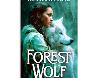 Premade Romantasy eBook Cover: Young Woman, White Wolf (Downloadable Blank Cover Image)