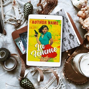 Portada de libro prediseñada con colores vibrantes, mujer fatal con pistola, estilo pop art vintage dramático (descarga digital en blanco) imagen 6