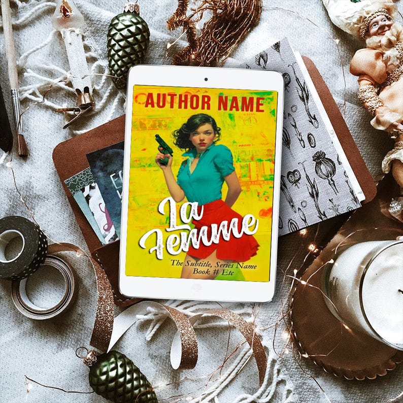 Portada de libro prediseñada con colores vibrantes, mujer fatal con pistola, estilo pop art vintage dramático (descarga digital en blanco) imagen 6
