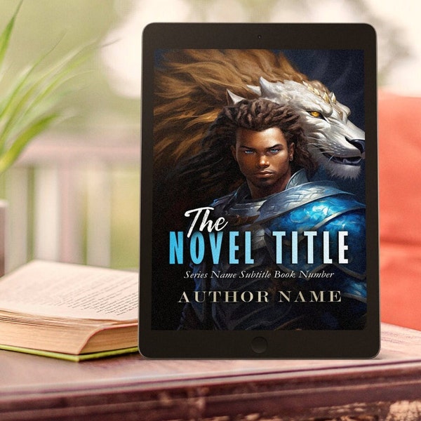 Premade Book Cover with Black Man Beast Master Warrior Knight Blue Armor Dread Locks Readymade Book Cover Adult Fantasy Short Stories Novel