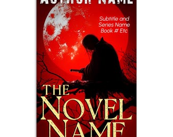 Dark Fantasy Book Cover:  Red Moon, Scary Black Crow Character (Digital Download)