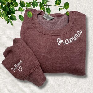 Custom Embroidered Gramma on Neckline Sweatshirt, Names on Sleeve, Personalized Gift for Mimi, Mother, Momma, Nana Sweater, Custom Any Text