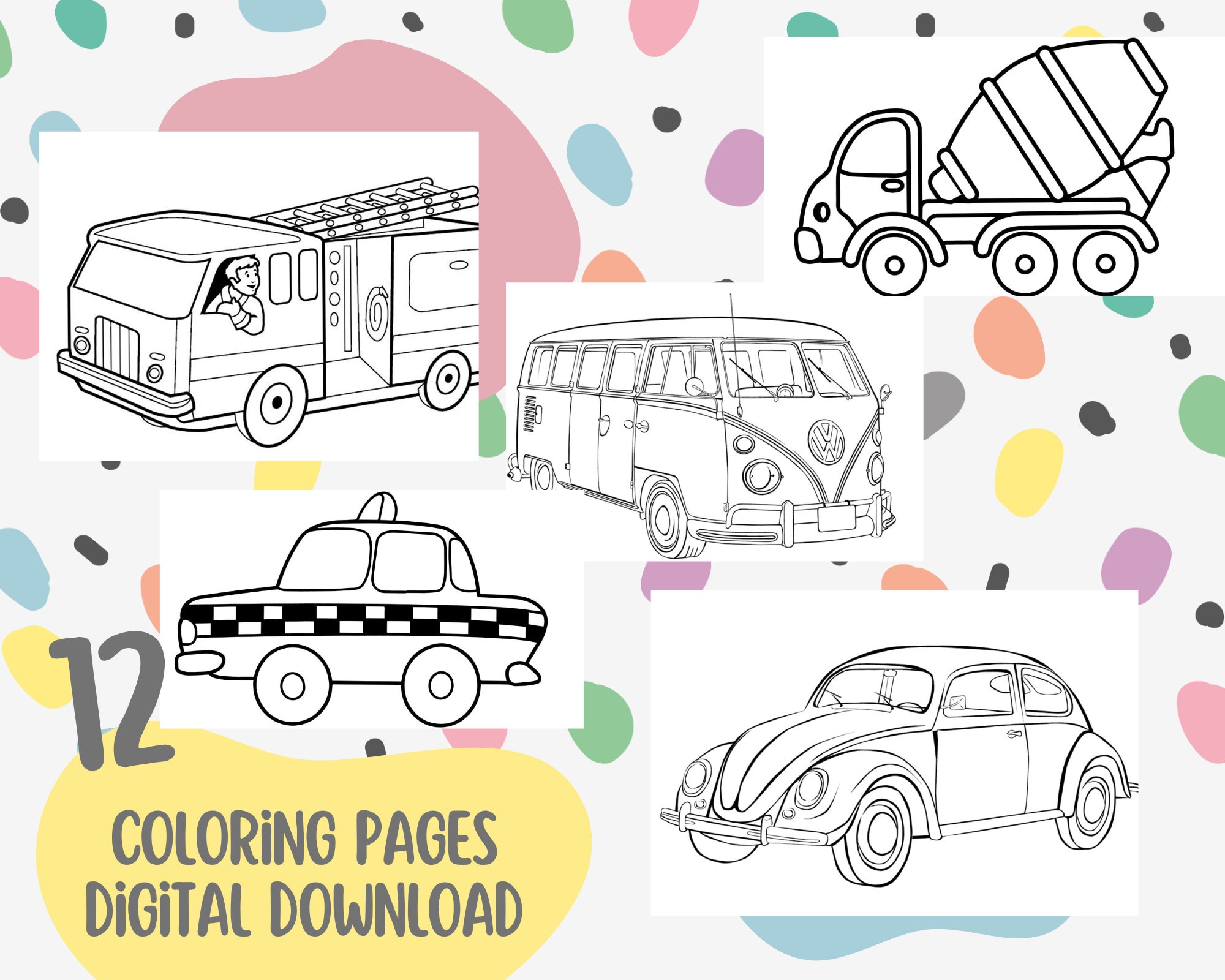 Cars Coloring Pages for Kids / Printable Coloring for Preschool / 12 X ...