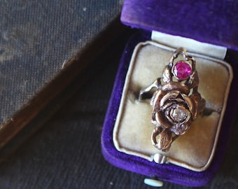 Antique 14k Gold Diamond Ruby Ring, Victorian Estate Jewelry, Size 7