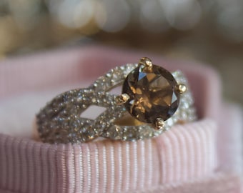 Vintage 14k Gold Smoky Quartz Ring with Diamond Band, Size 7