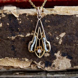 Antique 10k Gold Lavalier Necklace Diamond & Seed Pearl Pendant