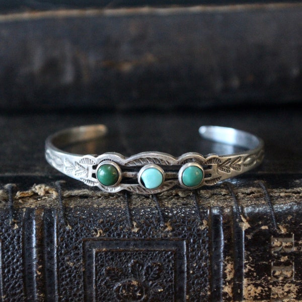 Vintage Fred Harvey Era Baby Cuff Silver Turquoise | Turquoise Navajo Jewelry Baby Bracelet  | Vintage Infant Cuff Silver & Turquoise