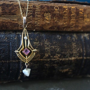 Edwardian 10k Gold Filigree Lavalier Necklace, Pink Gemstone & Baroque Pearl Pendant