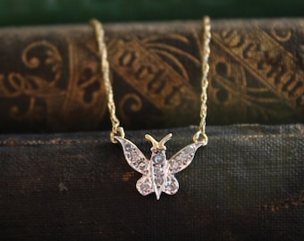 14k Gold Butterfly Pendant Diamond Necklace | Butterfly Diamond 14k Gold Necklace | 14k Gold Butterfly Estate Diamond Necklace
