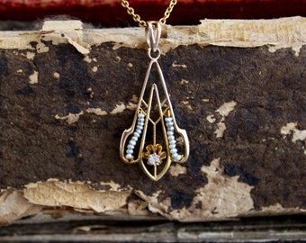 Antique 10k Gold Diamond Seed Pearl Lavalier Pendant Necklace | Vintage Pearl Necklace | Art Deco Gold Lavalier Seed Pearl Diamond Necklace