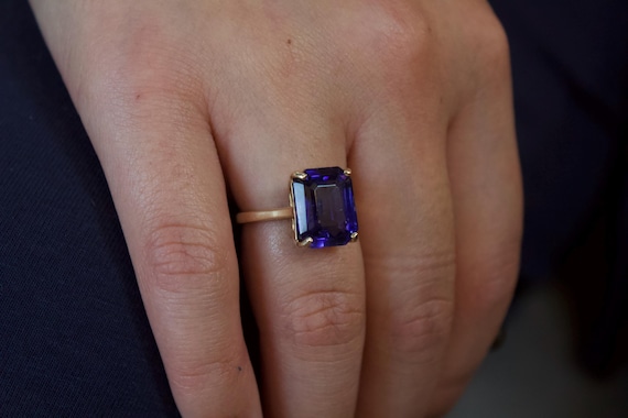14k Solid Gold Violet Gemstone Ring, Emerald Cut … - image 16