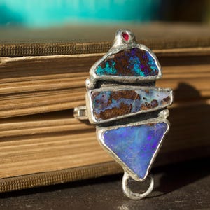 Sterling Silver Australian Opal Ruby Ring, Boulder Opal on 925 Chain Link Band Size 7