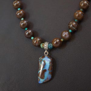Australian Boulder Opal Pendant Necklace in Sterling Silver with Turquoise Accents