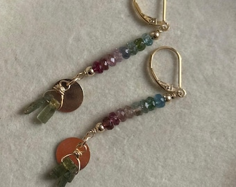 14k Gold Filled Watermelon Tourmaline Earrings, Handmade Dangle Drop Earrings
