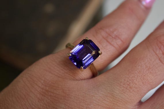 14k Solid Gold Violet Gemstone Ring, Emerald Cut … - image 1