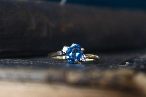 Antique 10k Blue Topaz and Diamond Ring | Size 6 … - image 1