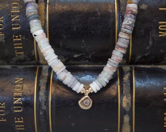 Australian Opal Beaded Necklace, 14k Gold Pendant, Smoky Quartz