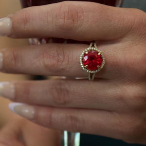 14k Ruby and Diamond Halo Ring Size 7 | Gorgeous 4.5 Carat Ruby 14k Diamond Ring | July Birthstone Solid Gold Natural Diamond Ruby Ring