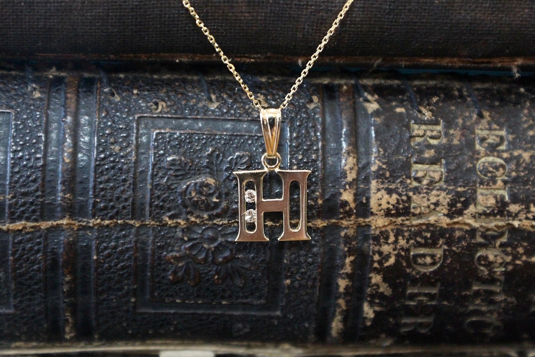 Vintage 14k Gold Diamond Pendant Letter H Initial Necklace 14k Estate Diamond Letter H Charm