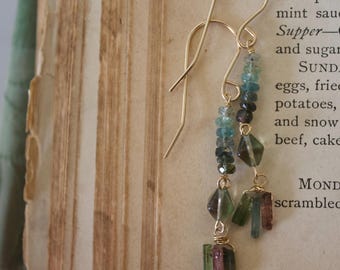 14k Gold Filled Watermelon Tourmaline Earrings, Handmade Dangle Drop
