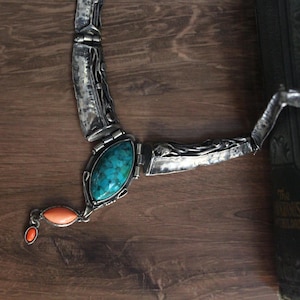 Vintage Sterling Silver Turquoise Coral Necklace, Southwest Artisan Pendant