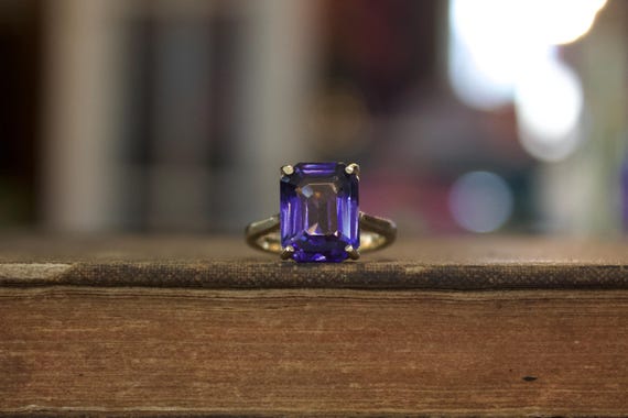 14k Solid Gold Violet Gemstone Ring, Emerald Cut … - image 2