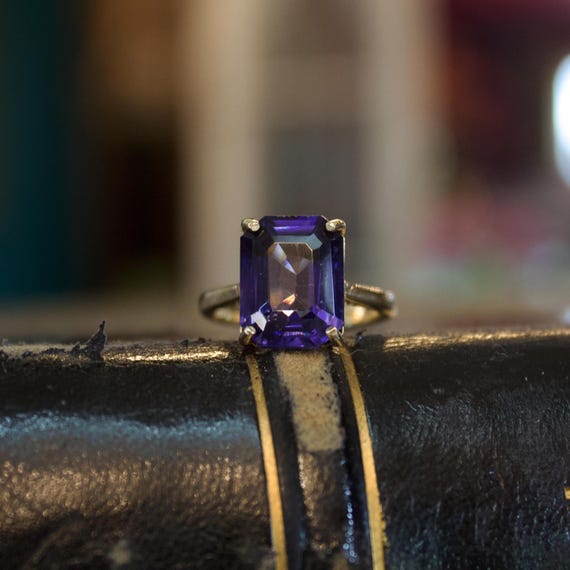 14k Solid Gold Violet Gemstone Ring, Emerald Cut … - image 7