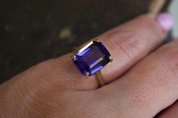 14k Solid Gold Violet Gemstone Ring, Emerald Cut … - image 12