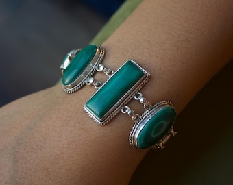 Pulsera de malaquita de plata esterlina, pulsera de cadena de eslabones, joyería de piedras preciosas verdes, regalo para ella
