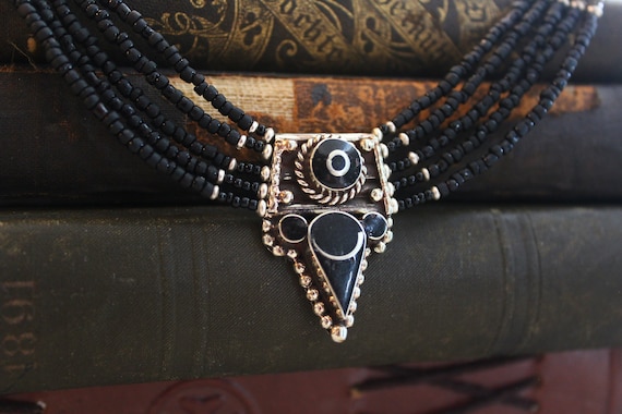 Boho Black Beaded Necklace, Tibetan Silver Onyx Estate Jewelry