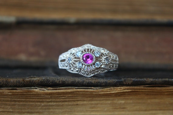 Ornate Vintage Sterling Silver Pink Sapphire Ring… - image 8
