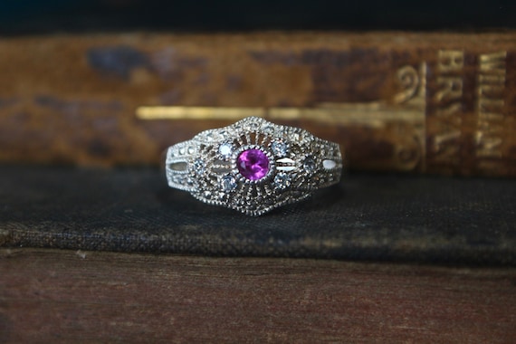 Ornate Vintage Sterling Silver Pink Sapphire Ring… - image 2