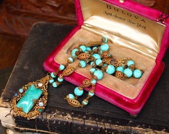 Antique Bulova American Girl Fifth Avenue New York Brass Enamel Pendant Necklace | Vintage Peking Glass Necklace with Rhinestones