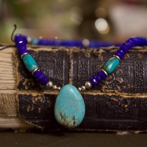 Lapis Lazuli and Turquoise Pendant Necklace, Sterling Silver Beaded Gemstone Necklace