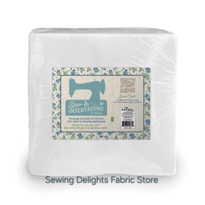 May include: A package of Sew-in Interfacing sheets, wrapped in clear plastic. The label features a teal sewing machine illustration and text. The package includes 60 pre-cut 12.5" interfacing sheets.