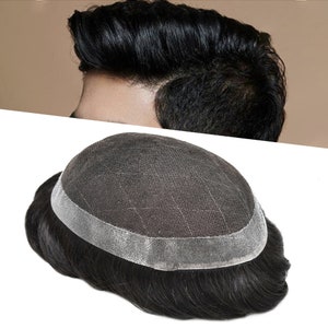 Men Lace hair system Toupee For Men 100% Human Hair Replacement System French Lace Durable Poly Skin PU Around Men’s Hair Unit Natural Black