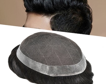 Men Lace hair system Toupee For Men 100% Human Hair Replacement System French Lace Durable Poly Skin PU Around Men’s Hair Unit Natural Black