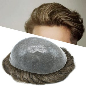 Full Poly PU 0.12mm Men&#39;s Toupee European Human Hair Men‘s Hairpieces Skin Hair System Replacement For Men Durable Medium Density 8x10