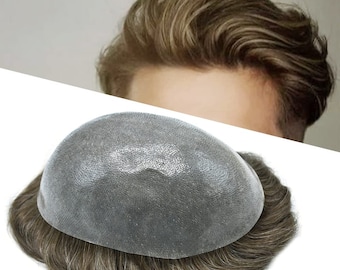 Full Poly PU 0.12mm Men&#39;s Toupee European Human Hair Men‘s Hairpieces Skin Hair System Replacement For Men Durable Medium Density 8x10