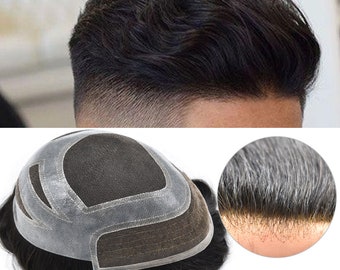 Lace Front Men&#39;s Toupee Fine Mono Hair System PU Skin Hairpieces Replacement for Men Durable Hair unit For Men 1B# Natural Black