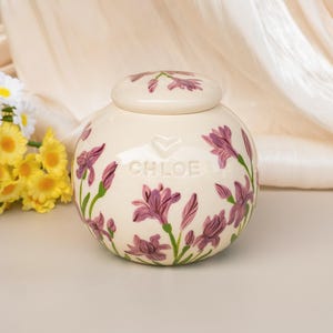 Handpaint Iris Purple Flower Ceramic Urn: Personalized Underglaze Painting Design, Name Stamp, Handmade Urn