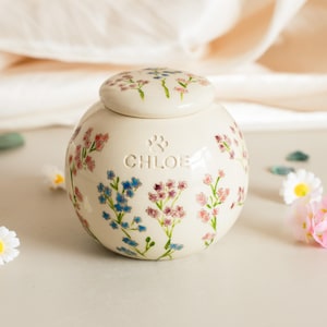 Custom Multi-Color Forget-Me-Not Flower Urn: Personalized Handmade Ceramic Urn With Underglaze Painting